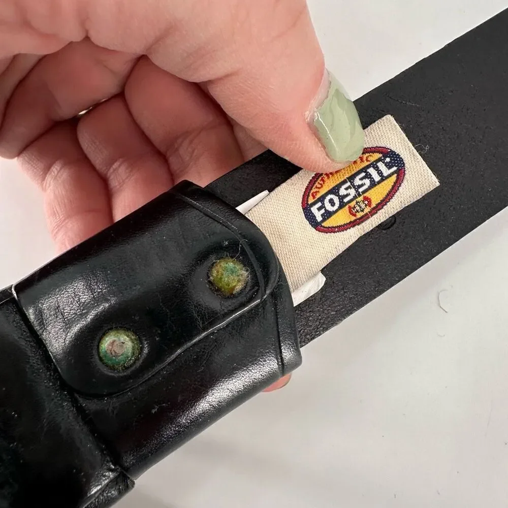 Fossil Mens Italian Full Grain Cowhide Silver Buckle Waist Belt Black Size 90/36